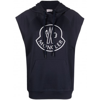 Moncler logo-print Sleeveless Cotton Hoodie Blue UKMCS29148